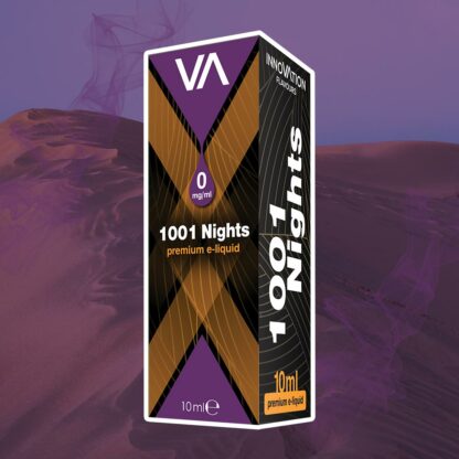 Innovation Flavours 1001 Nights e-juice black and purple package purple dunes background
