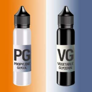 VG PG. Vit PG-flaska med orange bakgrund, svart VG-flaska med blå bakgrund. Guide till skillnaden mellan VG och PG i e-vätskor.